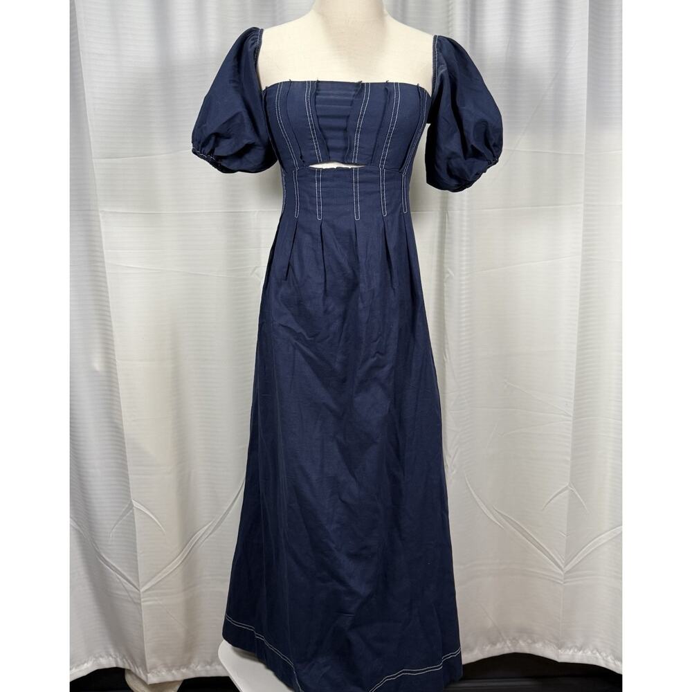 Billy J Claira Midi Dress Navy Blue Women’s Size 6 Puff Sleeve Square Neck - Picture 2 of 13